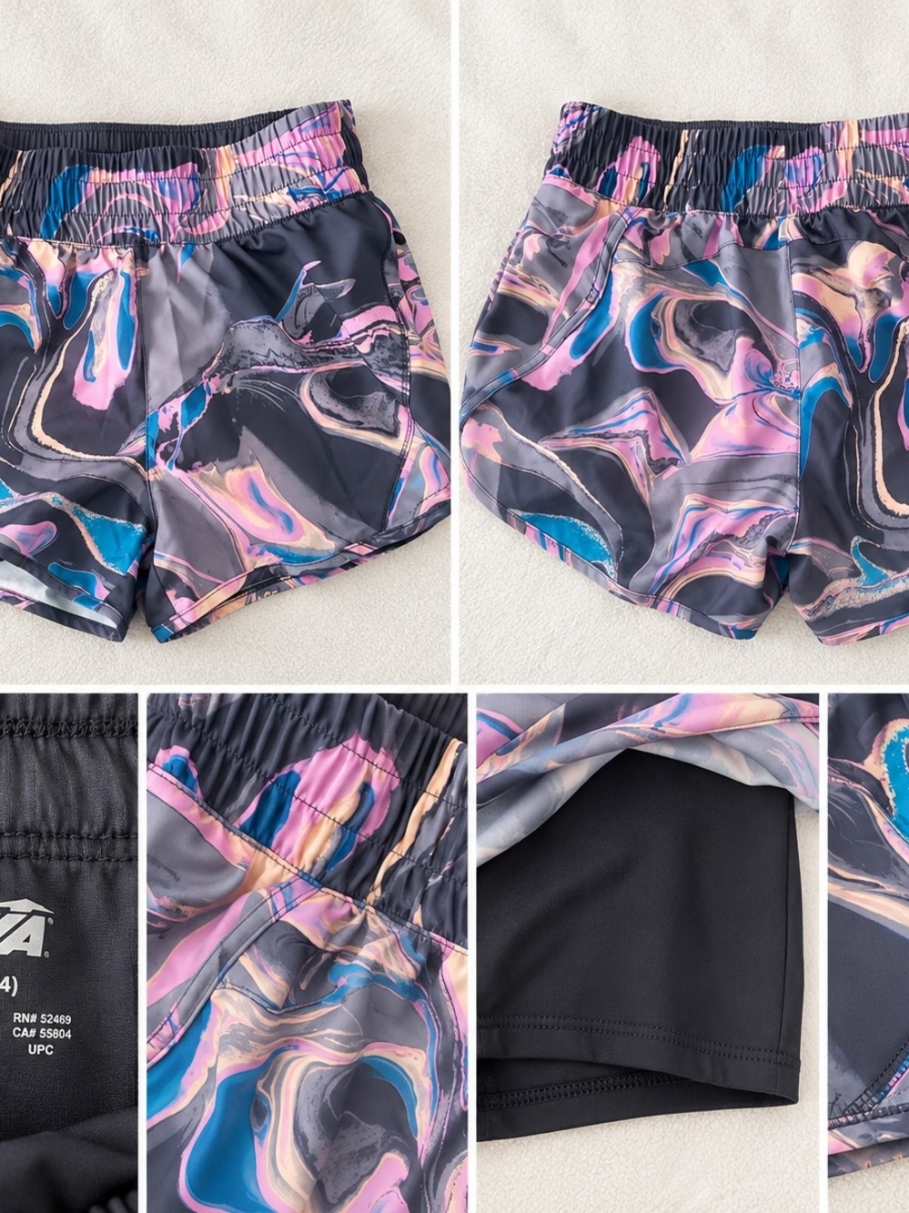 Avia Marble-Print Athletic Shorts in Pink, Blue & Black